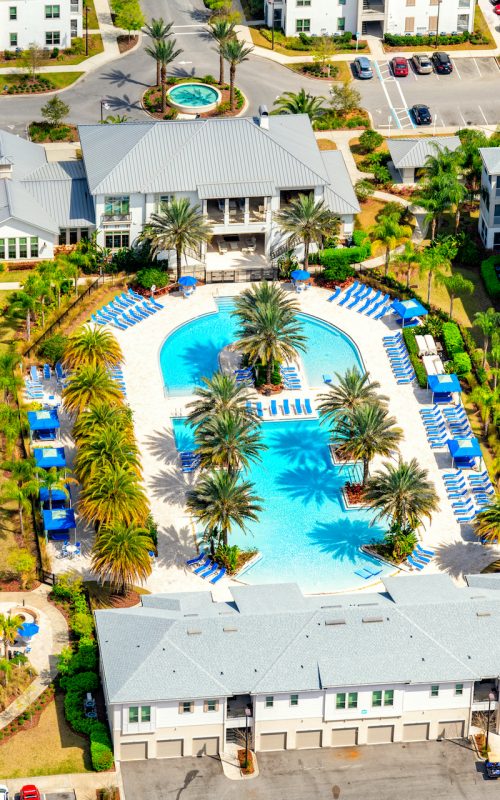 Aerial view of a suburban apartment complex shot from an altitude of about 1000 feet located just outside of Northeast Florida.