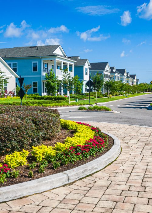 New luxury  homes along a well landscaped street in St. Augustine, Florida
